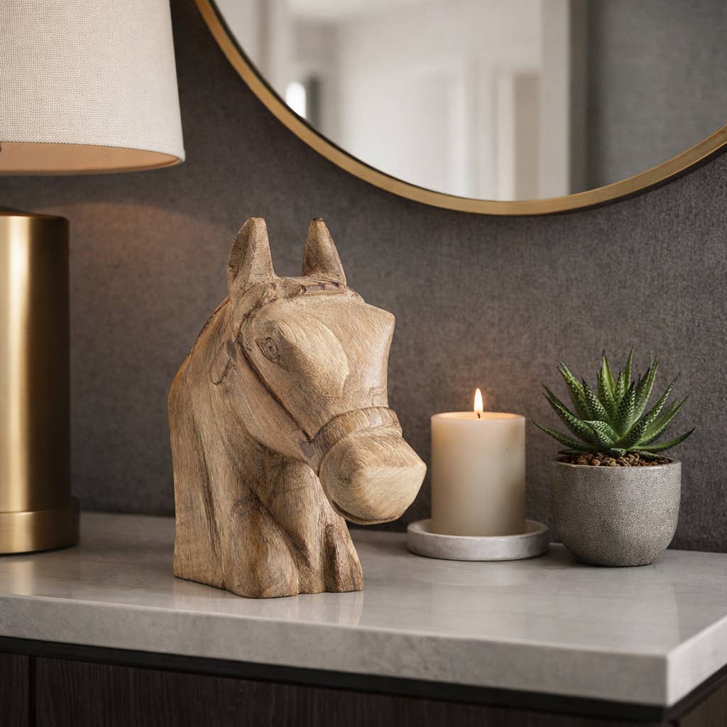 Hand-Carved Wooden Horse Head Sculpture