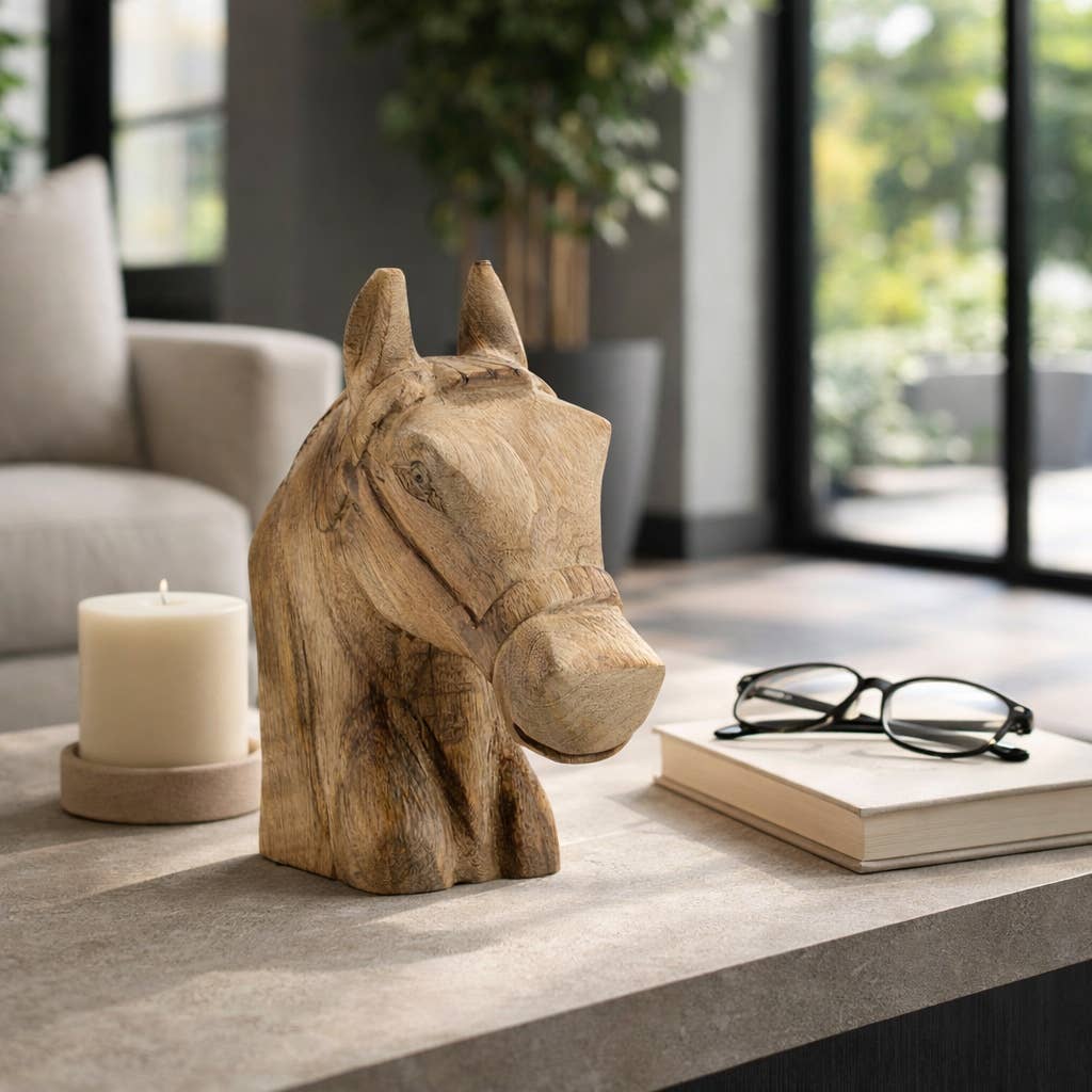 Hand-Carved Wooden Horse Head Sculpture Main image